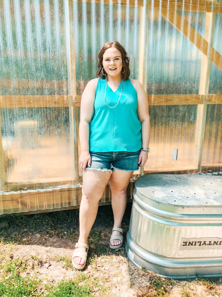 Last Chance Size Small & Medium | A Graceful Way V-Neck Tank Top with Ribbon in Turquoise - Giddy Up Glamour Boutique