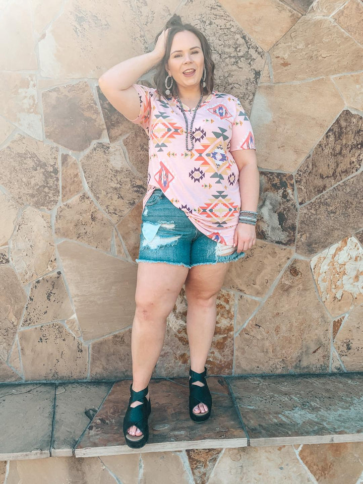Keep Things Simple Aztec Print V Neck Tee in Dusty Pink - Giddy Up Glamour Boutique