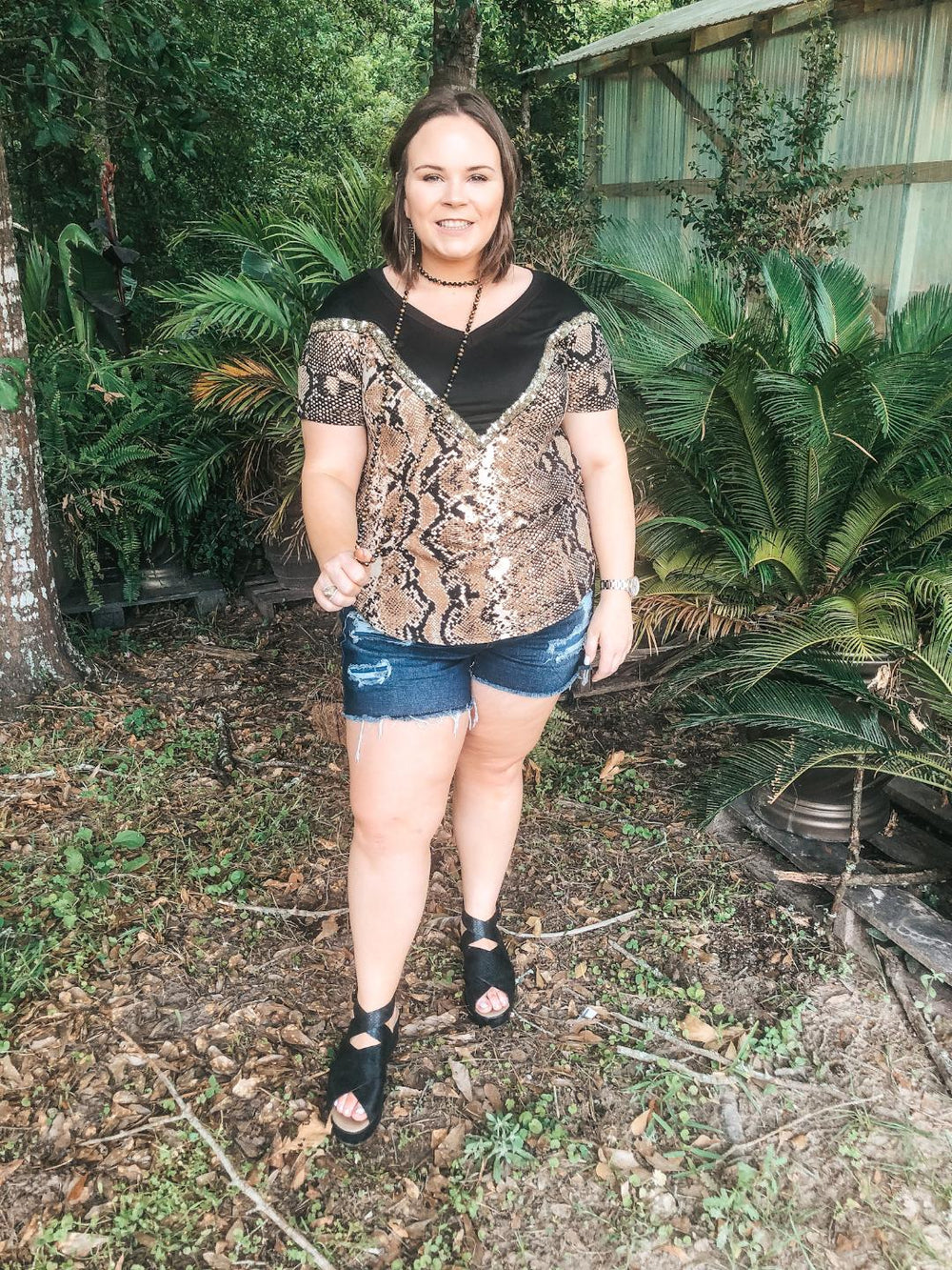 Last Chance Small and Medium | Keeping The Vibe V Neck Tee with Sequin Detailing in Snakeskin and Black - Giddy Up Glamour Boutique