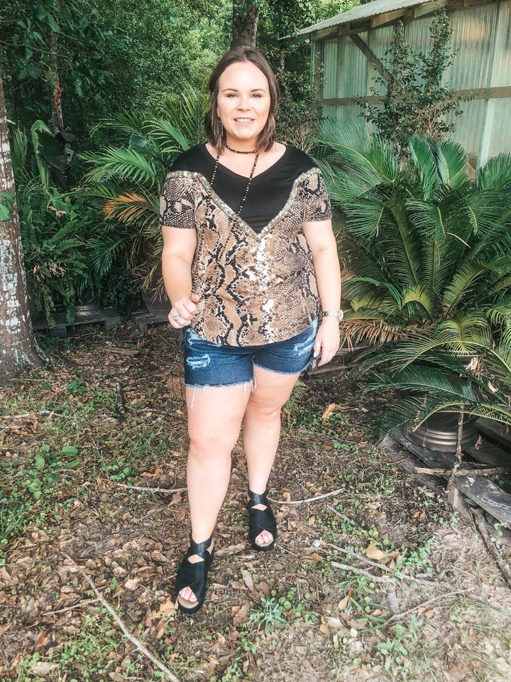 Last Chance Small and Medium | Keeping The Vibe V Neck Tee with Sequin Detailing in Snakeskin and Black - Giddy Up Glamour Boutique