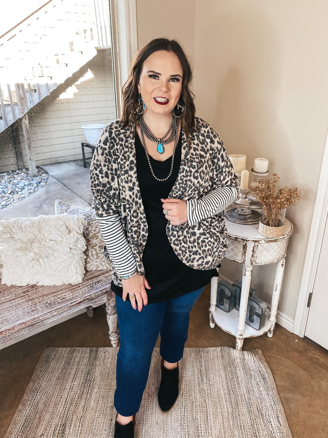 Lining Up Long Sleeve Dolman Cardigan with Striped Sleeves in Leopard - Giddy Up Glamour Boutique