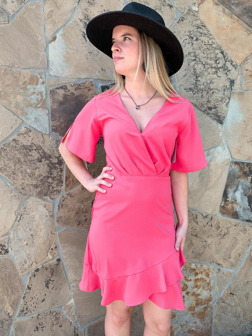Swept Away Deep V Dress with Ruffle Hem in Fuchsia - Giddy Up Glamour Boutique