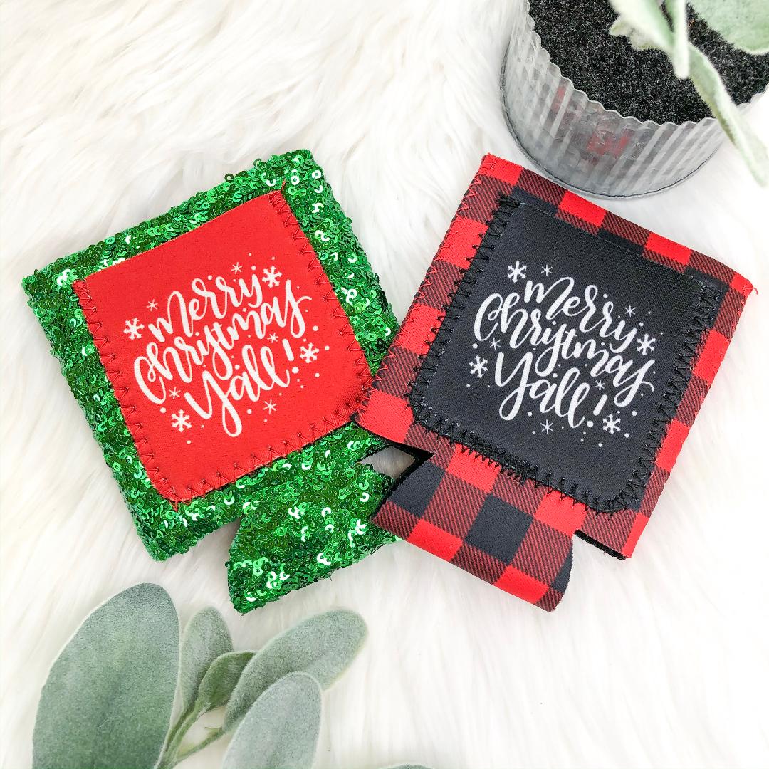 Merry Christmas Y'all Buffalo Plaid Pocket Koozie - Giddy Up Glamour Boutique