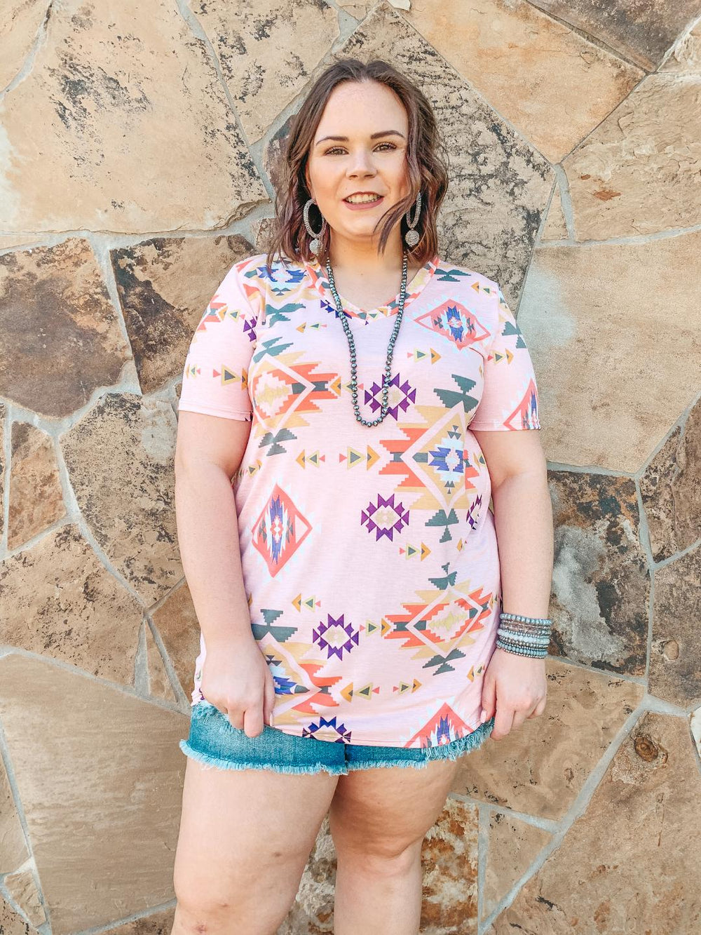 Keep Things Simple Aztec Print V Neck Tee in Dusty Pink - Giddy Up Glamour Boutique