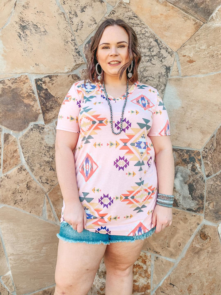 Keep Things Simple Aztec Print V Neck Tee in Dusty Pink - Giddy Up Glamour Boutique