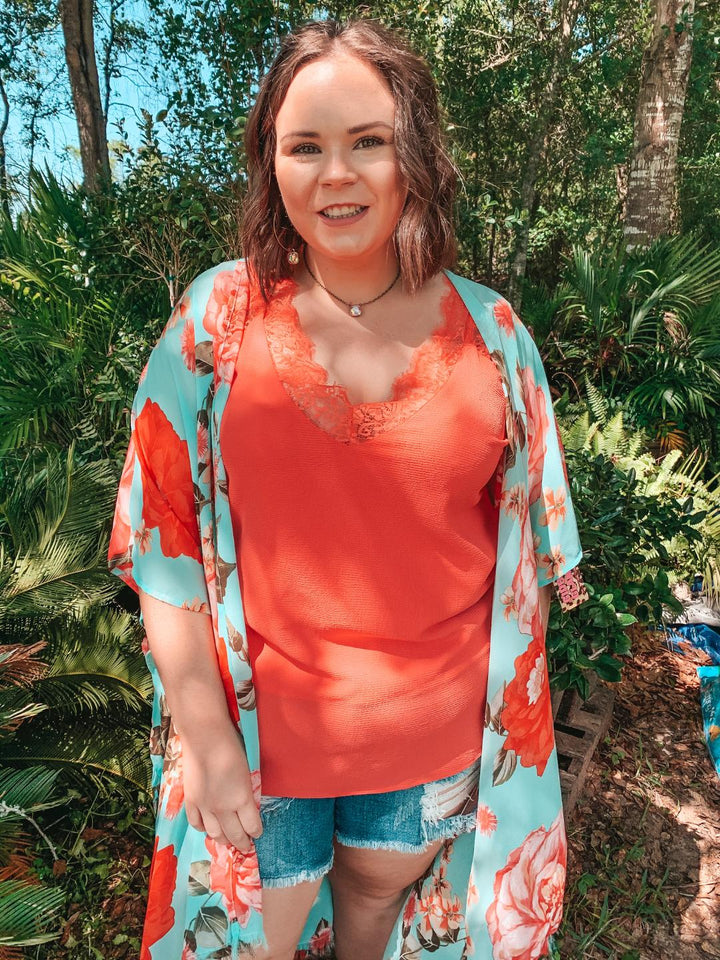 On Replay Solid Color Camisole with Lace Sleeves in Coral - Giddy Up Glamour Boutique