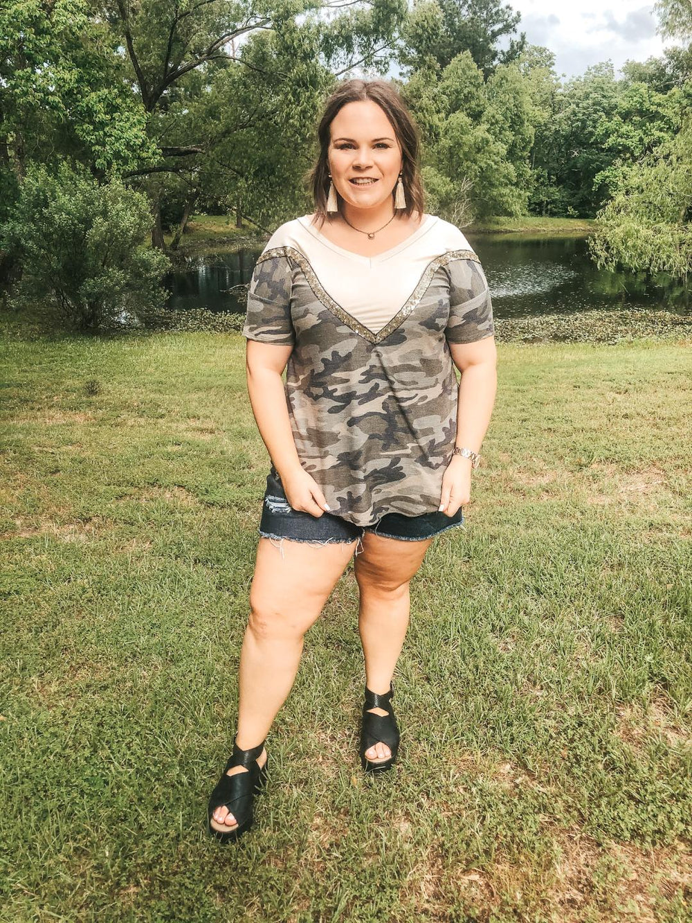 Keeping The Vibe V Neck Tee with Sequin Detailing in Camouflage and Ivory - Giddy Up Glamour Boutique