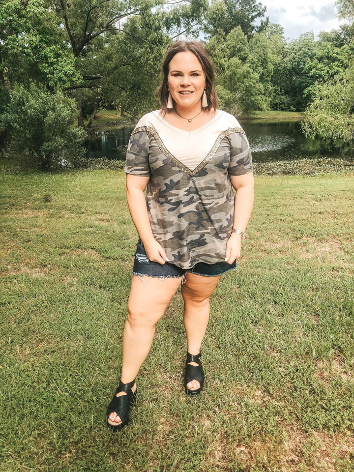 Keeping The Vibe V Neck Tee with Sequin Detailing in Camouflage and Ivory - Giddy Up Glamour Boutique