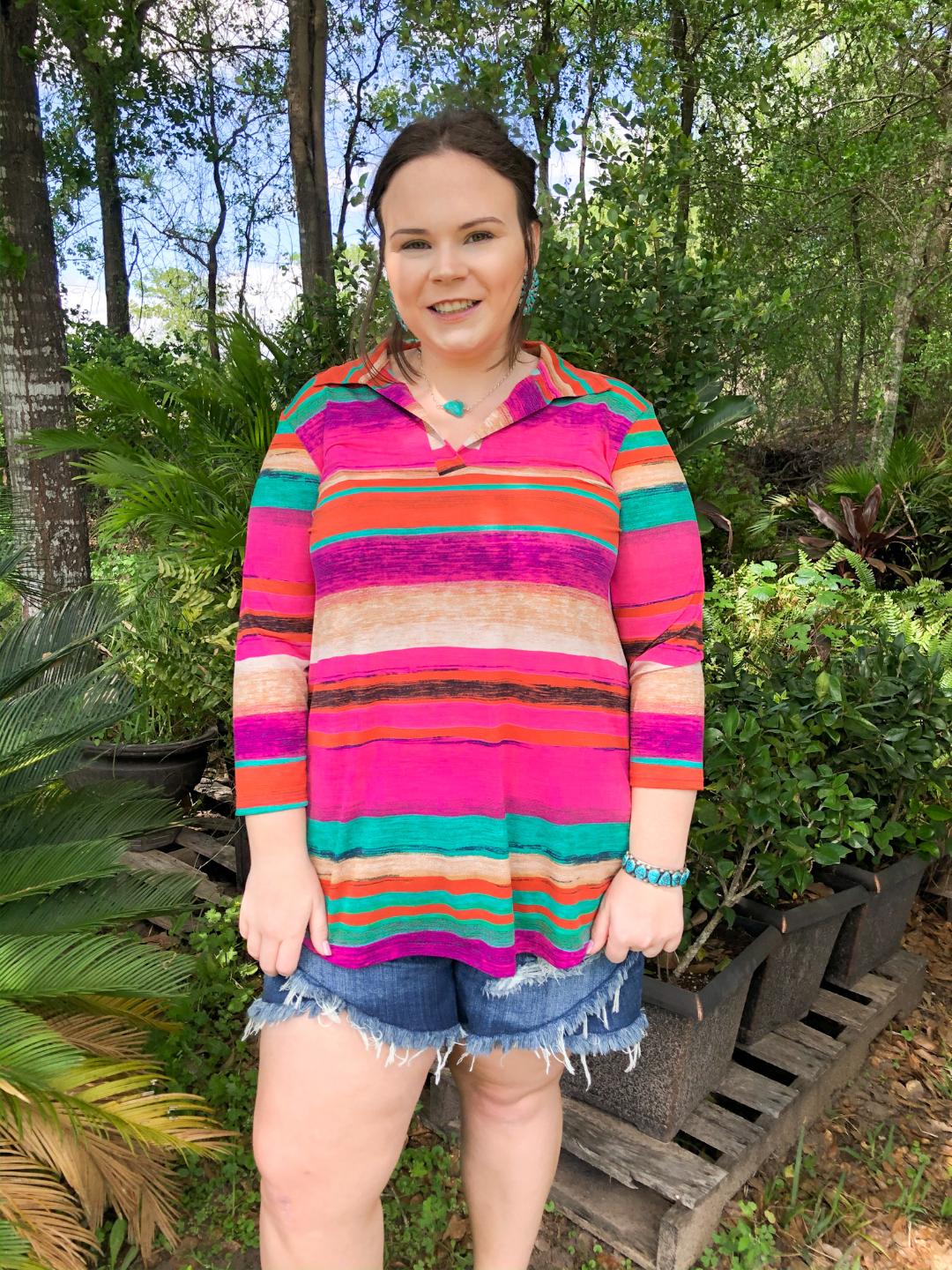 Last Chance Size Small | Scenic Route Serape Collared Tunic Top in Pink - Giddy Up Glamour Boutique