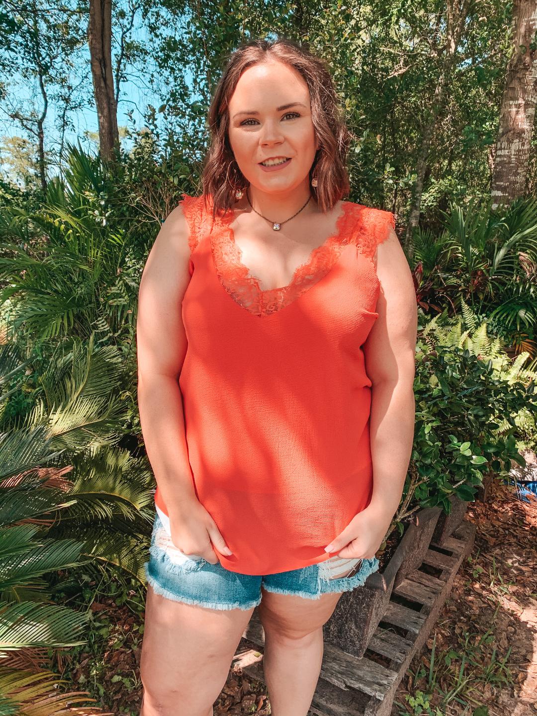 On Replay Solid Color Camisole with Lace Sleeves in Coral - Giddy Up Glamour Boutique