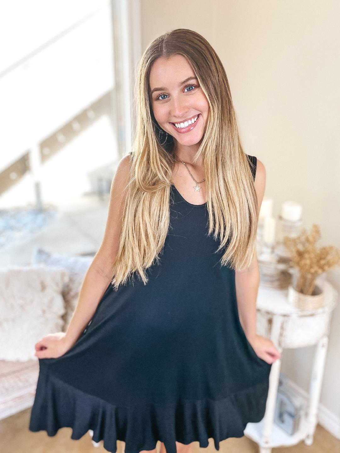 Best Hello Tank Dress with Ruffle Hem in Black - Giddy Up Glamour Boutique