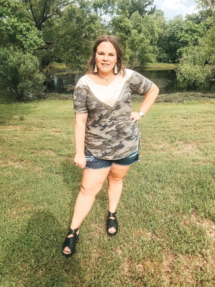 Keeping The Vibe V Neck Tee with Sequin Detailing in Camouflage and Ivory - Giddy Up Glamour Boutique
