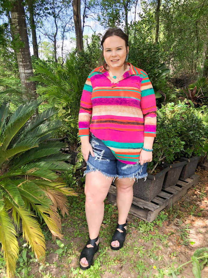 Last Chance Size Small | Scenic Route Serape Collared Tunic Top in Pink - Giddy Up Glamour Boutique