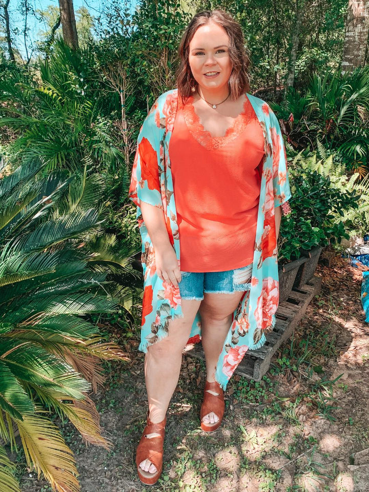 On Replay Solid Color Camisole with Lace Sleeves in Coral - Giddy Up Glamour Boutique