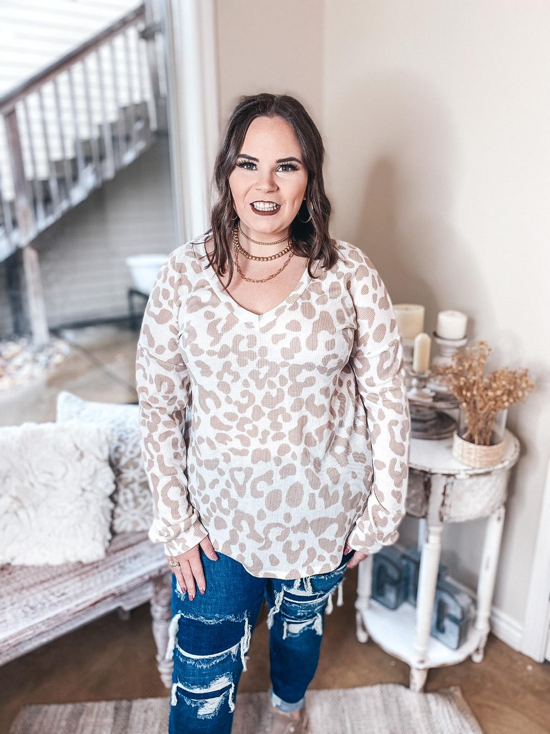 See Ya Soon Leopard Long Sleeve V Neck Waffle Knit Top in Taupe
