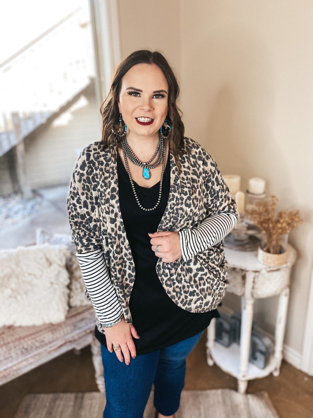 Lining Up Long Sleeve Dolman Cardigan with Striped Sleeves in Leopard - Giddy Up Glamour Boutique