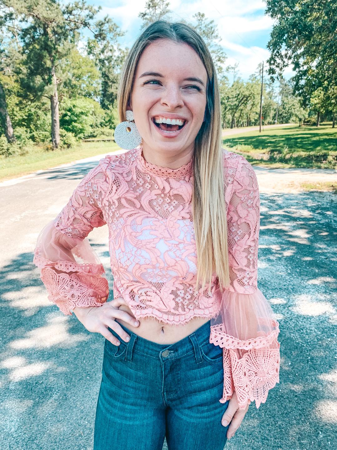 Last Chance Size Small | I'm All In Floral Lace Crop Top with Bell Sleeves in Blush Pink - Giddy Up Glamour Boutique