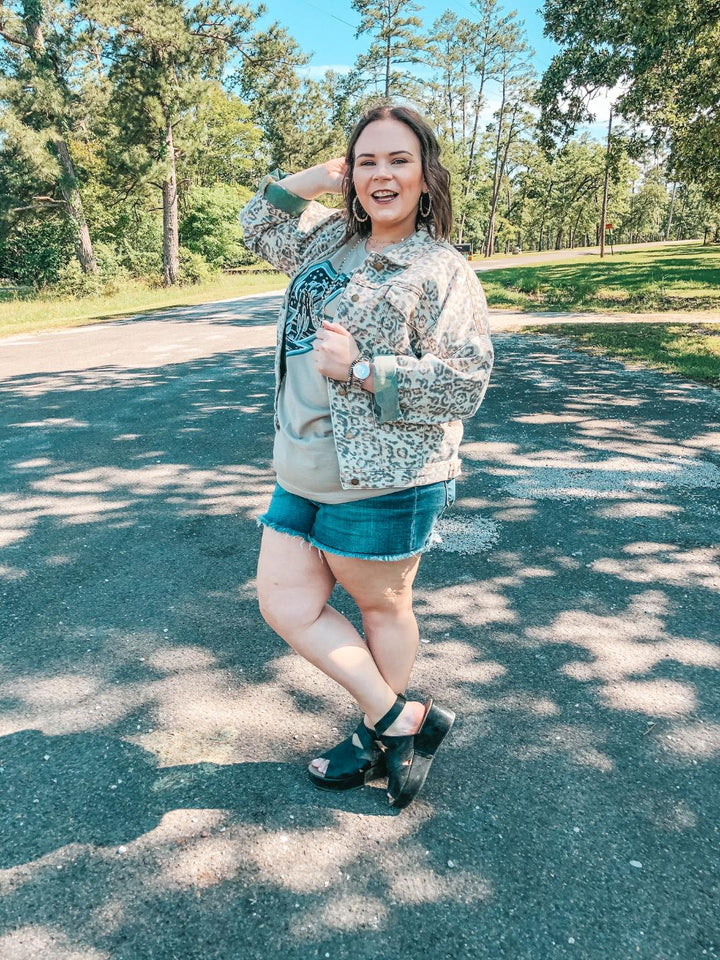 On The Upward Denim Button Up Jacket in Leopard - Giddy Up Glamour Boutique
