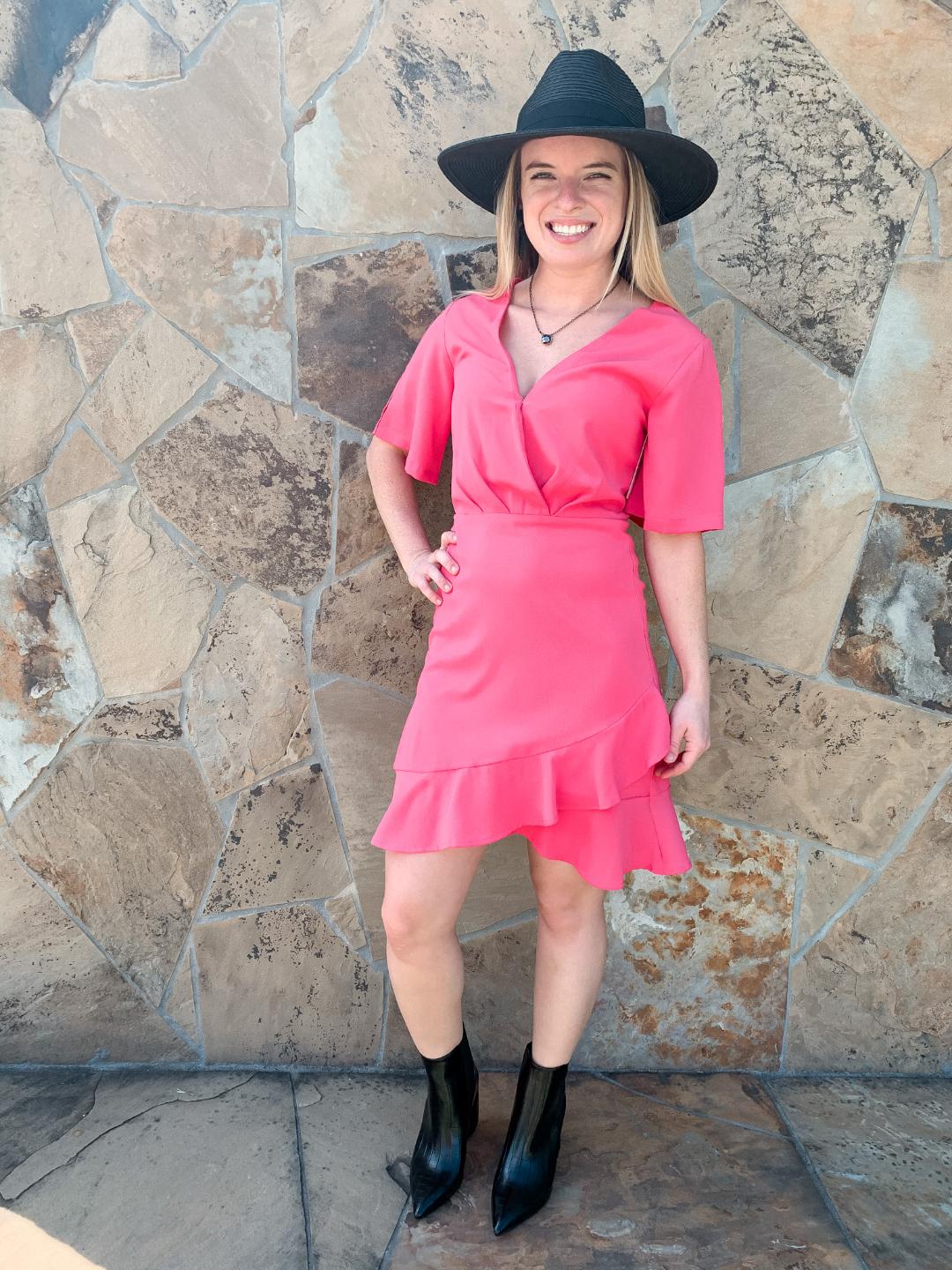 Swept Away Deep V Dress with Ruffle Hem in Fuchsia - Giddy Up Glamour Boutique