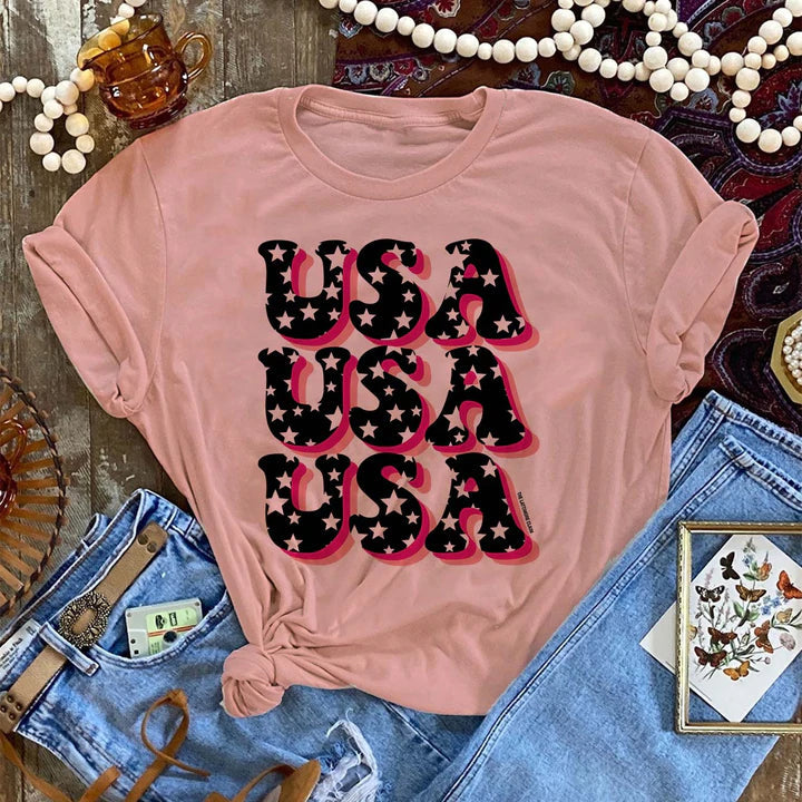 Online Exclusive | USA USA USA with Stars Graphic Tee in Desert Rose - Giddy Up Glamour Boutique