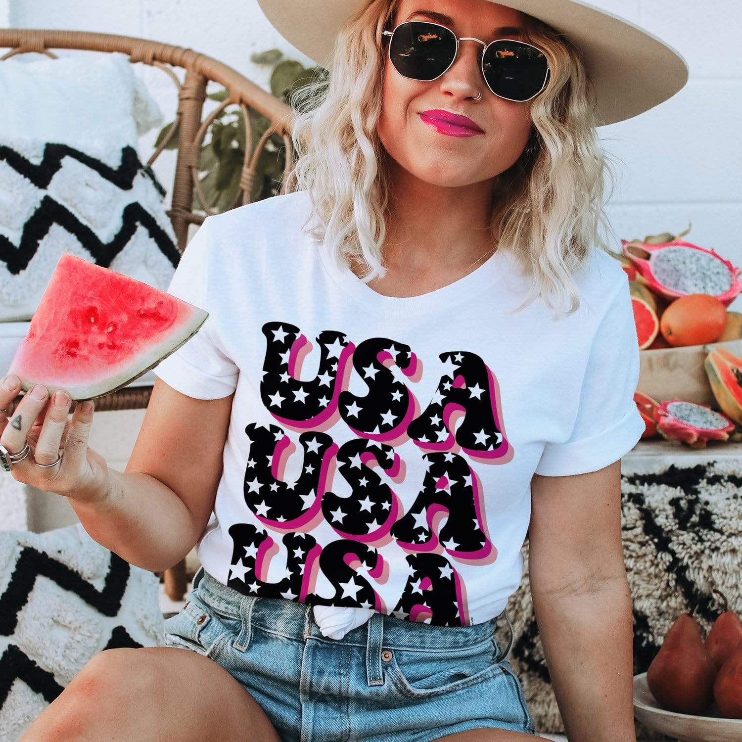 Online Exclusive | USA USA USA with Stars Graphic Tee in White - Giddy Up Glamour Boutique