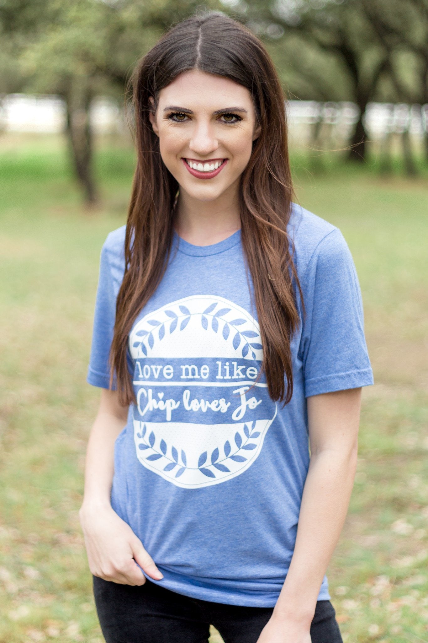 Last Chance Size Small | Love Me Like Chip Loves Jo Short Sleeve Tee Shirt in Blue - Giddy Up Glamour Boutique