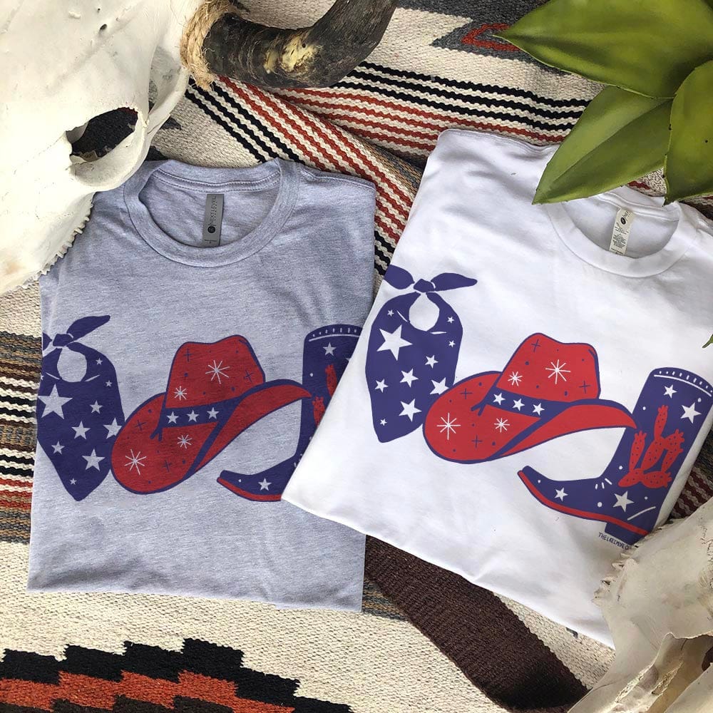 Online Exclusive | Red, White and Western Graphic Tee in Gray - Giddy Up Glamour Boutique