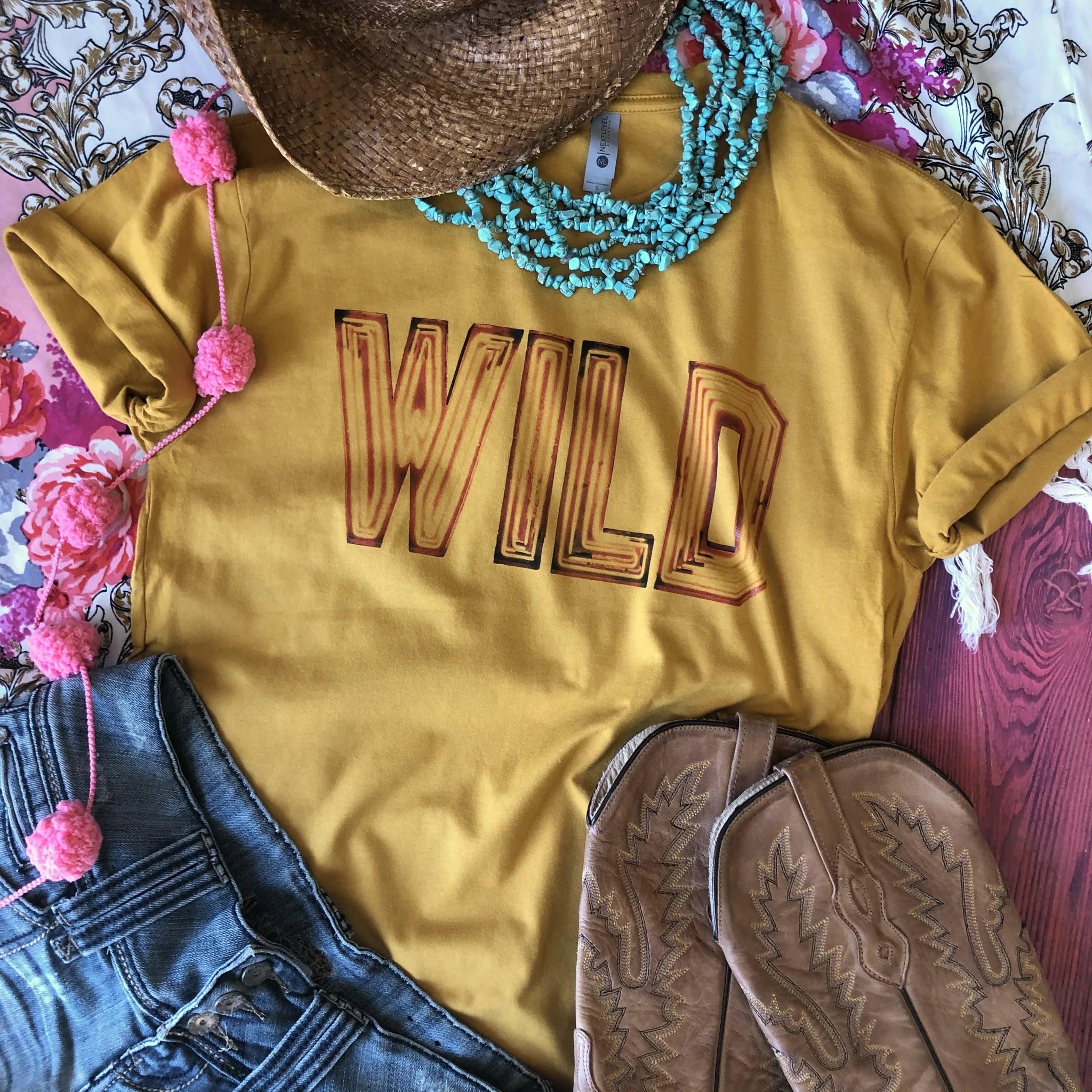 Online Exclusive | Wild Marquee Sign Short Sleeve Graphic Tee in Mustard Yellow - Giddy Up Glamour Boutique