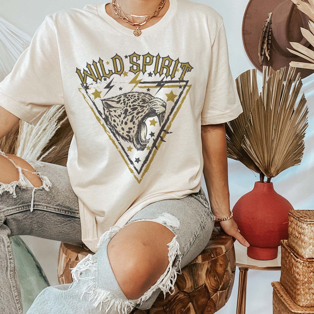 Online Exclusive | Wild Spirit Jaguar Short Sleeve Band Graphic Tee in Cream - Giddy Up Glamour Boutique